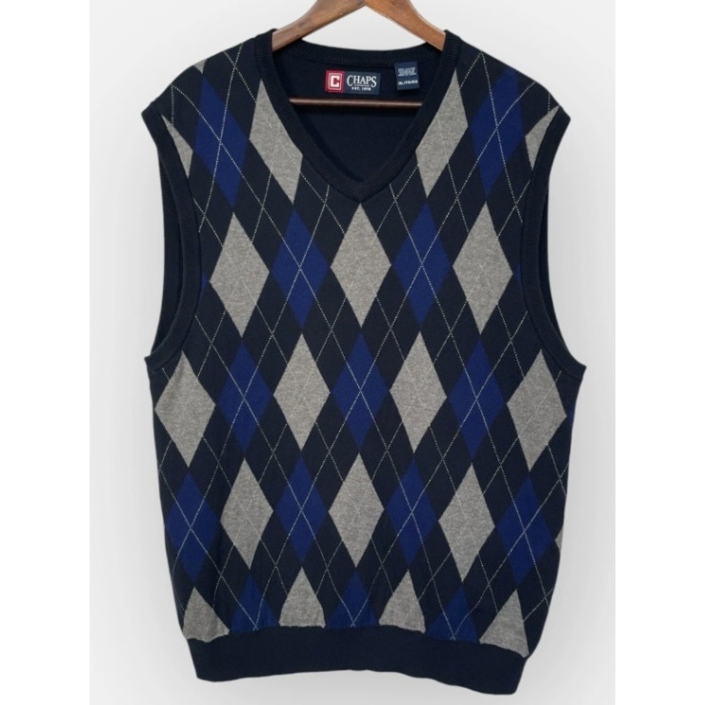 Chaps Mens XL Argyle Sweater Vest Navy Blue Grey V-Neck 100% Cotton Knit